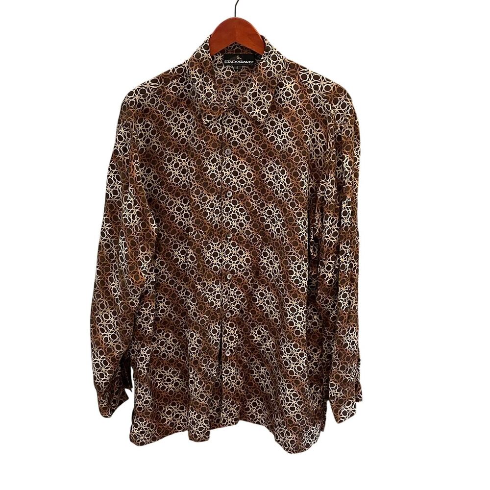 VTG Stacy Adams Brown Long Sleeve Allover Print Silk Button Down Shirt, Retro, L